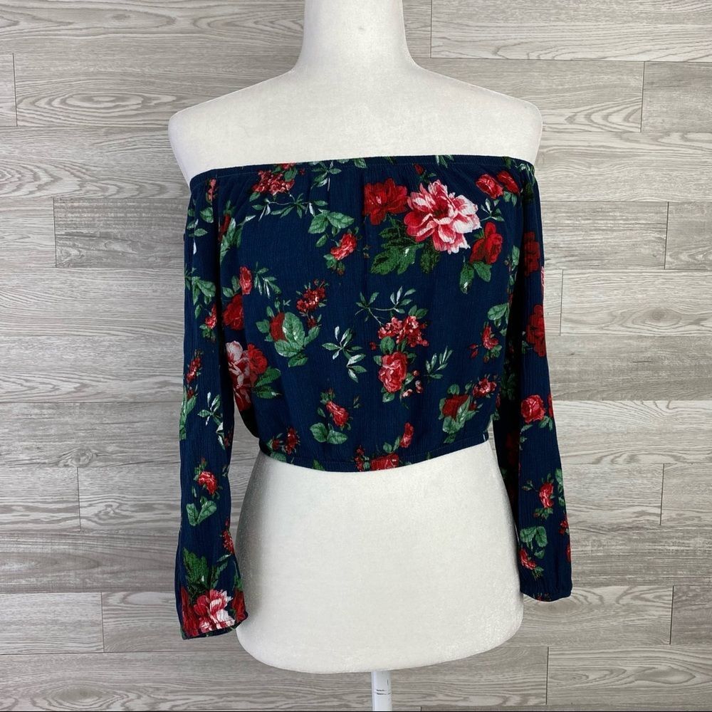 Ambiance Navy Red floral Open Shoulder Crop Blouse